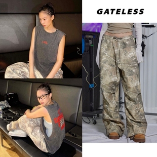 Jennie金智妮同款韩国gateless做旧泼墨迷彩宽松工装裤宽松休闲裤