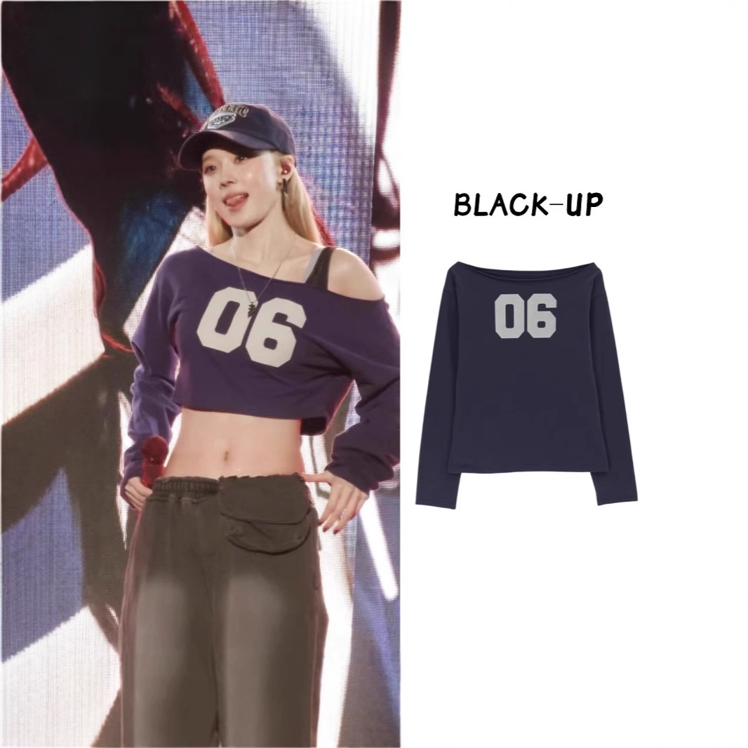现货BLACKUP韩国潮牌winter金玟庭同款大领口露肩数字长袖T恤女