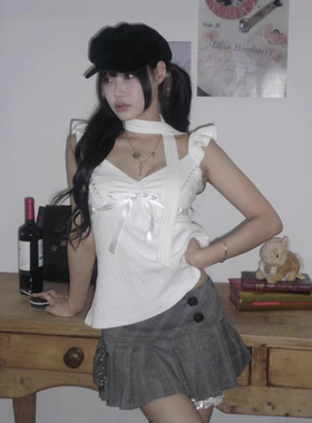 现货！韩国小众设计品牌ANGELNUMBER555甜辣V领蕾丝上衣背心