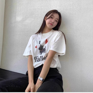 博主同款Fallett韩国设计小众潮牌可爱风狗狗爱心印花宽松短袖t恤