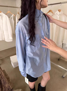 韩国潮牌lakeside光感韩版暗条纹翻领天丝长袖衬衫衬衣女上衣