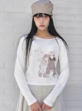 韩国小众hugyourskin联名JUBA插画圆领纽扣长袖t恤卡通印花上衣女