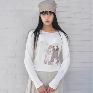 韩国小众hugyourskin联名JUBA插画圆领纽扣长袖t恤卡通印花上衣女