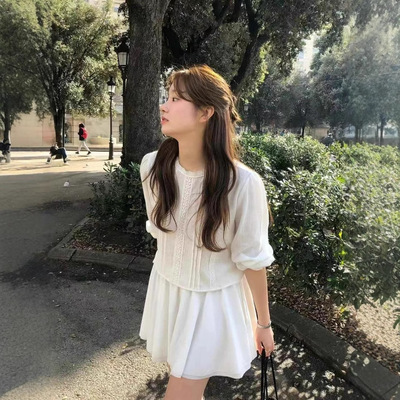 韩国潮牌ounce花边拼接蕾丝边韩版圆领长袖衬衫上衣女ins同款