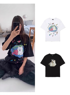 韩国潮牌itzavibe可爱猫咪狗狗卡通涂鸦贴纸圆领短袖t恤韩版上衣