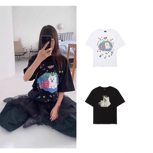 韩国潮牌itzavibe可爱猫咪狗狗卡通涂鸦贴纸圆领短袖t恤韩版上衣