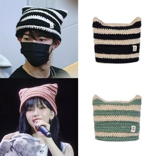 现货韩国ZB1 章昊 黄仁俊 柳智敏同款varzar猫耳朵条纹毛线针织帽