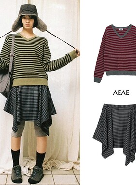 韩国25秋AEAE复古条纹韩版撞色V领羊毛宽松针织毛衣女上衣潮流