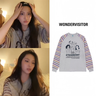 hyein李惠仁同款 wondervisitor韩国潮牌美拼色插肩长袖t恤女
