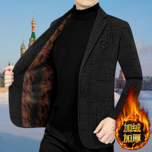 休闲西服保暖外套爸爸装 2024新款 外套中年男士 加绒加厚西装 秋冬季