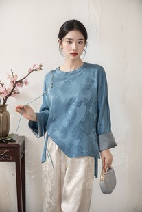 霓裳羽衣 优雅气质高级蓝色花团锦簇新中式真丝花萝国风上衣女