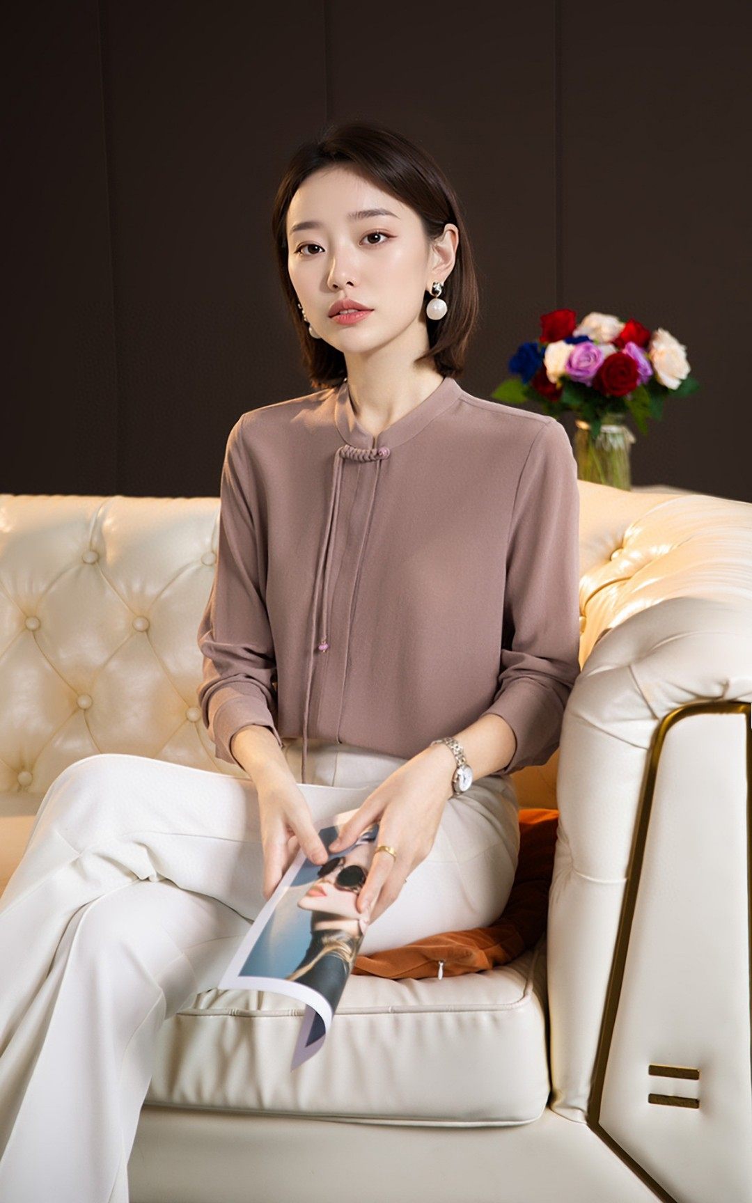 轻奢复古中式鬼绉长袖真丝衬衫女