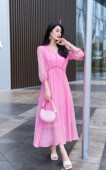 霓裳羽衣 真丝连衣裙 七分袖 轻奢气质优雅 粉色碎花印花V领荷叶边