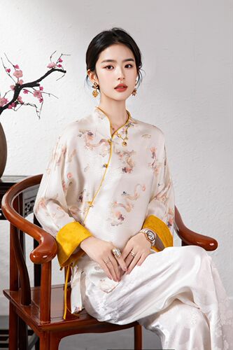 新中式甜美复古人丝提花长袖上衣