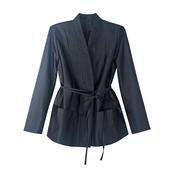 霓裳羽衣 高级V领系带无扣纯色气质显瘦西服休闲长袖 丝毛外套女