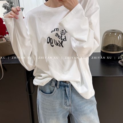 ZHIYAN XU 韩国冬季内薄磨毛纯棉黑字母白色印花长袖T恤女
