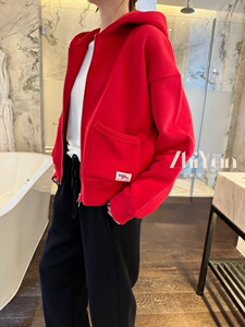 智研 韩国秋冬厚实质感超好红色硬挺感精致小标口袋连帽外套卫衣