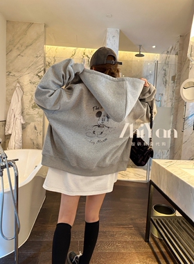 智研 必买自留推荐复合厚实的灰色百搭洋气连帽后背米奇中长卫衣