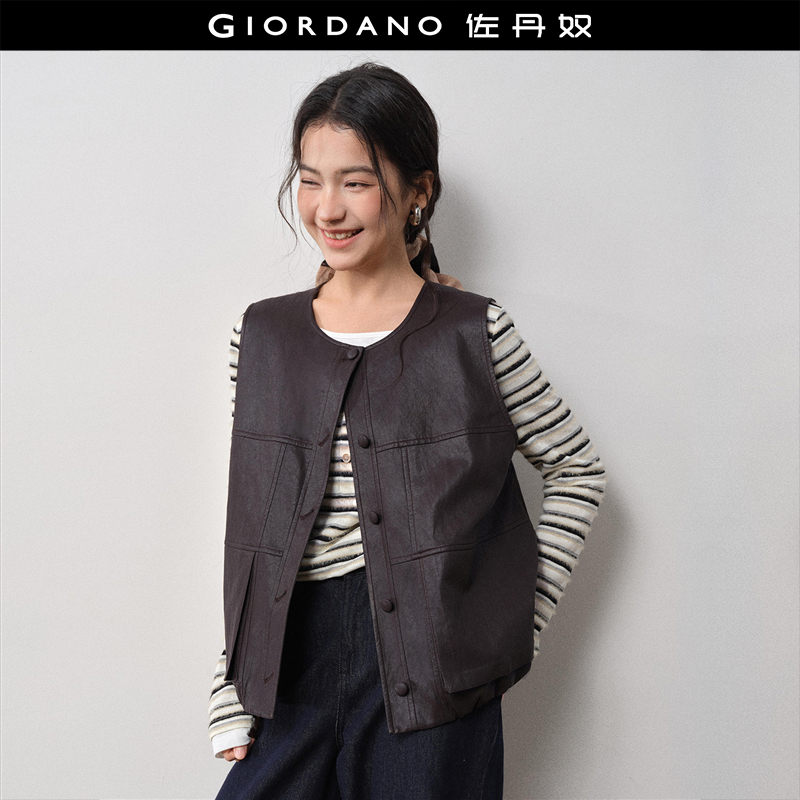 设计师款佐丹奴无袖皮衣背心女装新款圆领仿皮质马甲外套18375522