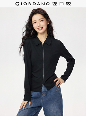 佐丹奴长袖针织Polo衫女新款坑条翻领修身拉链针织上衣女13315654