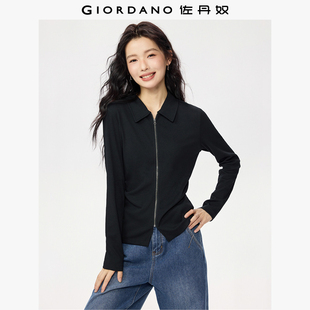 坑条翻领修身 女新款 拉链针织上衣女13315654 针织Polo衫 佐丹奴长袖