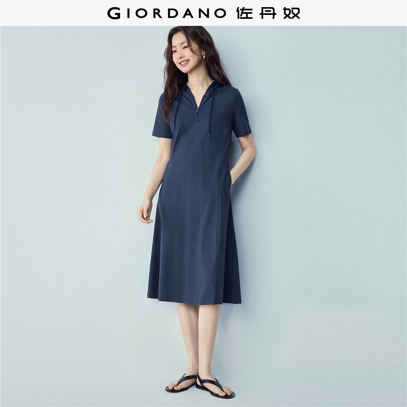 佐丹奴短袖裙子女2026年夏新款半拉链抽绳连帽卫衣连衣裙13466291