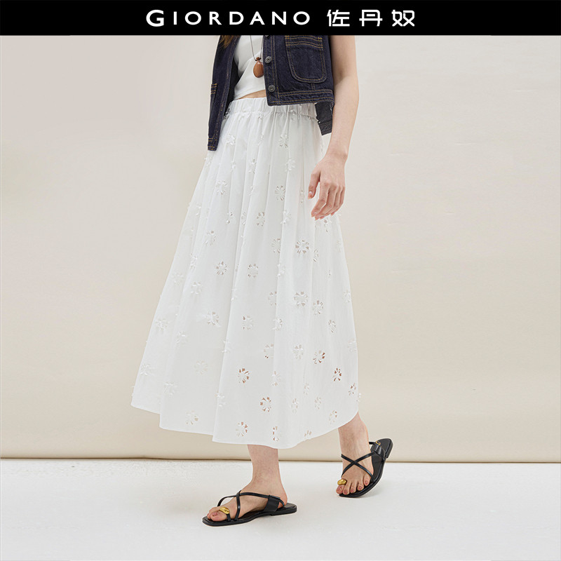 设计师款佐丹奴新款立体镂空烧花a字裙松紧腰半身长裙女18465211