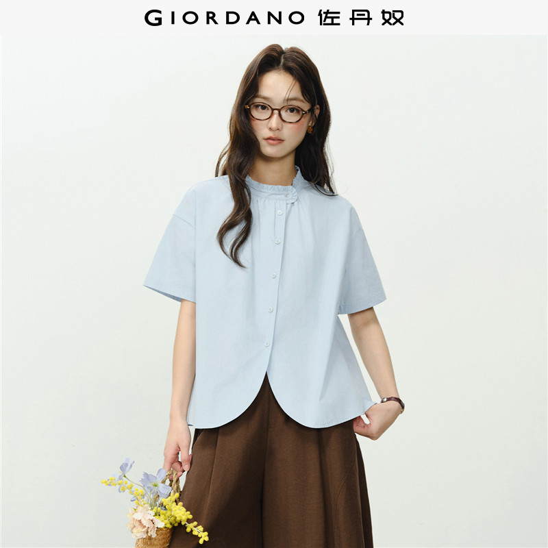 佐丹奴衬衫女装纯棉花边小立领梭织短袖衬衫 18346219