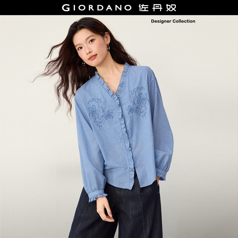 Giordano木耳边长袖衬衫刺绣图片