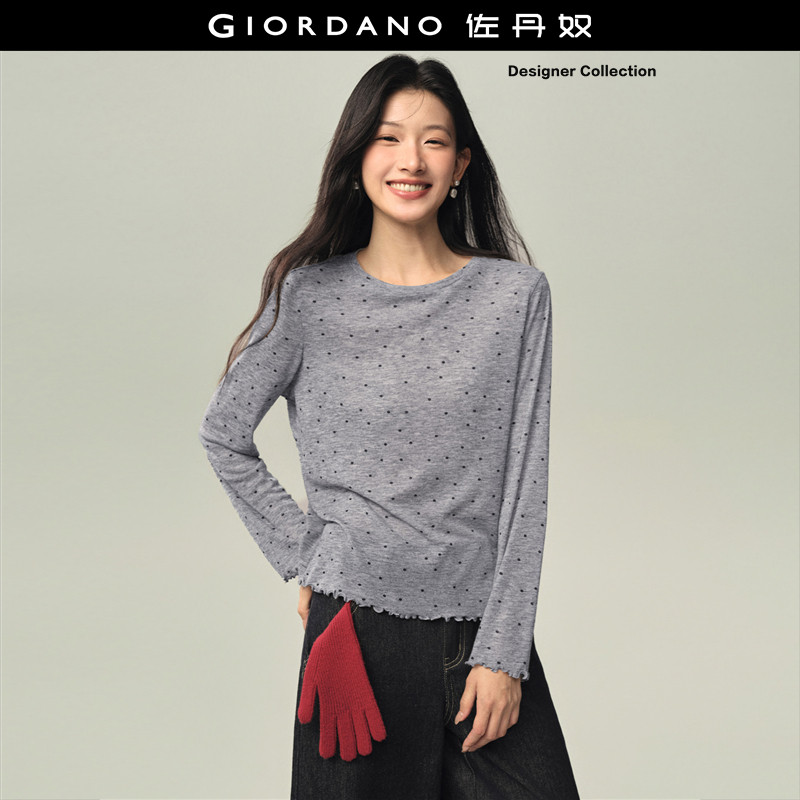 设计师款佐丹奴2026秋冬波点印花木耳卷边圆领长袖T恤女1832