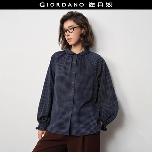 复古插肩宽松长袖 女装 娃娃领衬衣18345230 佐丹奴格纹衬衫 设计师款