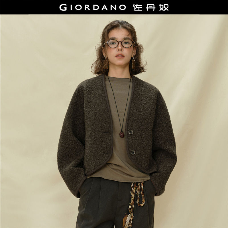 佐丹奴双色圈圈毛呢V领毛呢外套