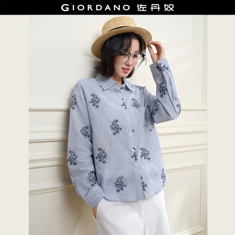 设计师款佐丹奴2026年春花朵刺绣口袋宽松长袖条纹衬衫女18346302