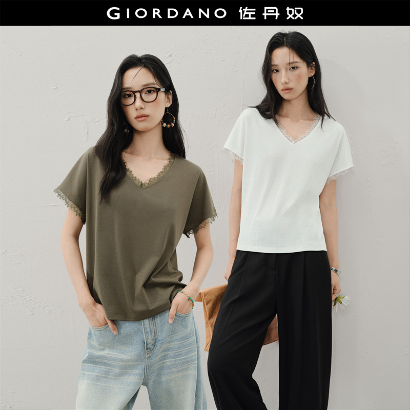 设计师款佐丹奴短袖T恤女夏季新款拼接蕾丝V领蝙蝠袖上衣18326625