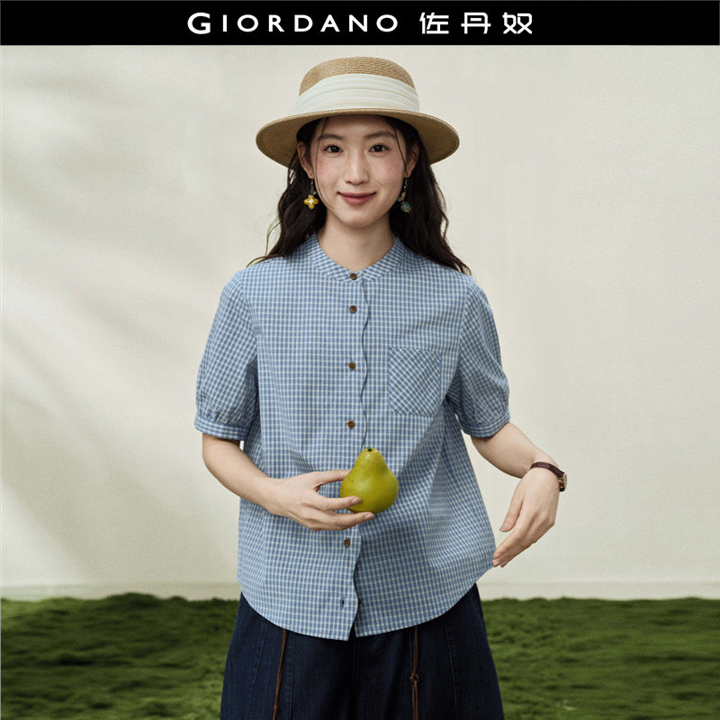 设计师款佐丹奴新款纯棉波浪边门筒小立领短袖格纹衬衫女18346709