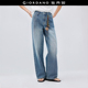 设计师款 18415506 高腰牛仔布阔腿长裤 佐丹奴女新款 复古洗水牛仔裤