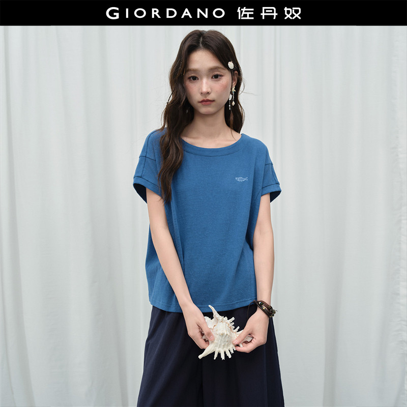 设计师款佐丹奴短袖T恤女夏新款刺绣宽松圆领蝙蝠袖上衣18326224