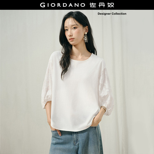 Giordano七分袖烧花肌理T恤
