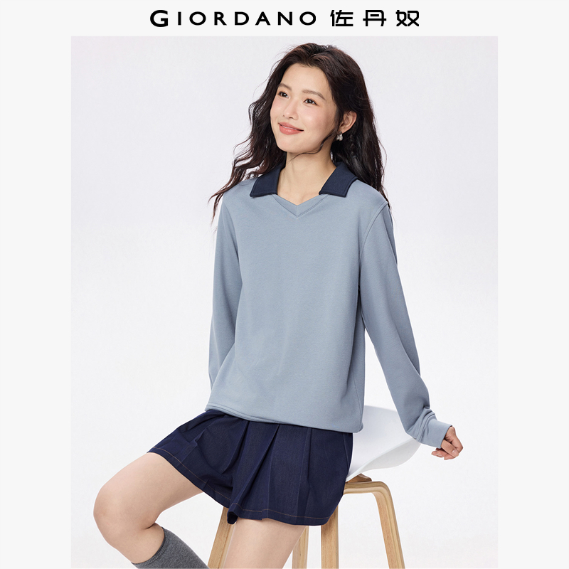 佐丹奴卫衣女装秋冬新款雾彩色时尚撞色V字翻领套头上衣05325807