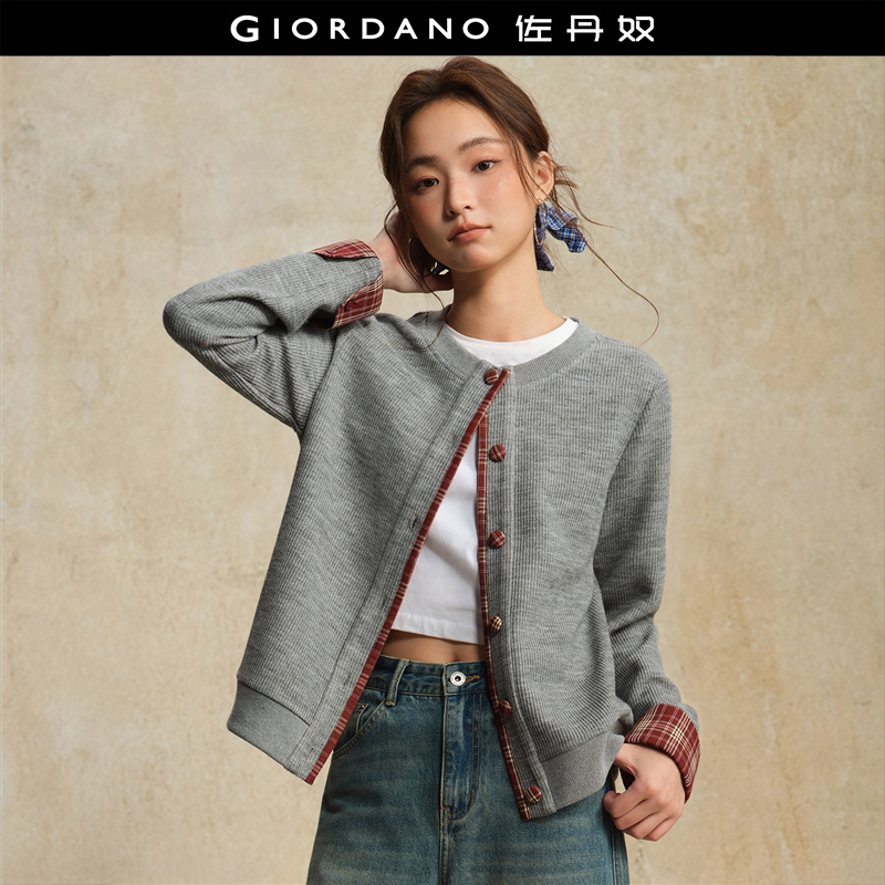 Giordano拼接格纹针织外套