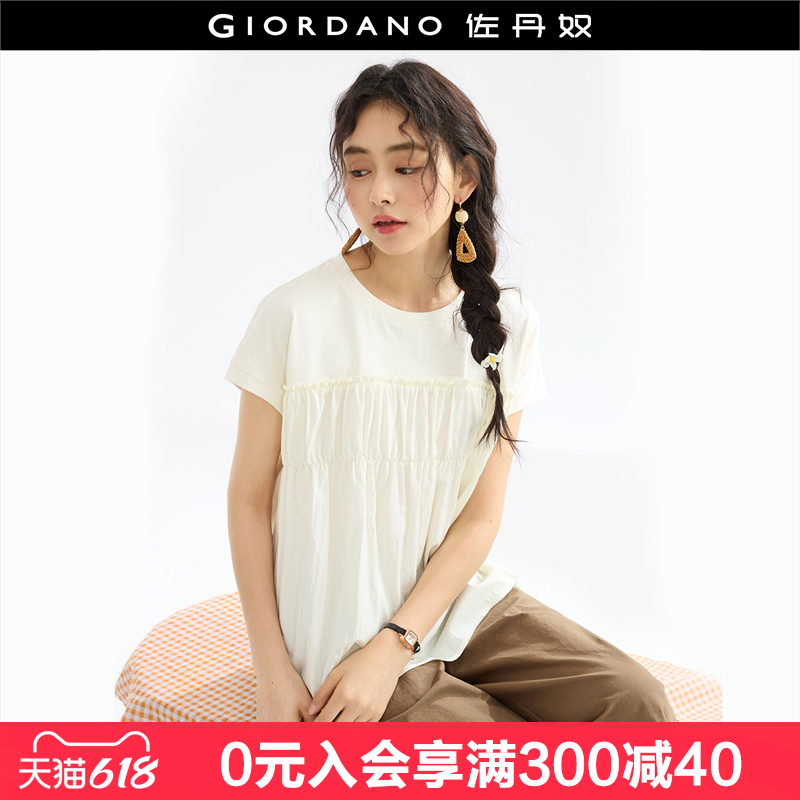设计师款佐丹奴短袖T恤女拼接花边减龄宽松圆领连袖上衣183256