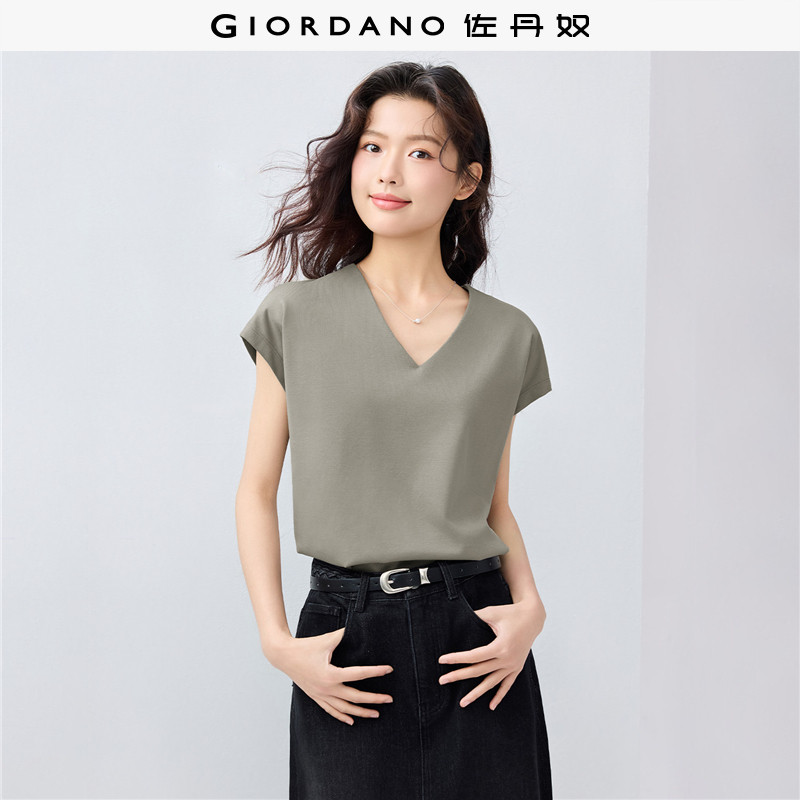 佐丹奴短袖T恤女纯棉双面布亲肤透气纯色简约V领连袖上衣13325217