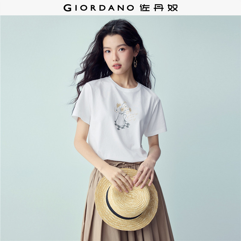 佐丹奴短袖T恤女装新款纯棉田园风花瓶印花圆领休闲上衣13326301