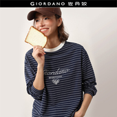 设计师款 佐丹奴2026年春刺绣条纹撞色圆领宽松长袖 T恤女18325305