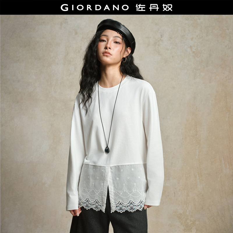 Giordano长袖T恤镂空绣花下摆