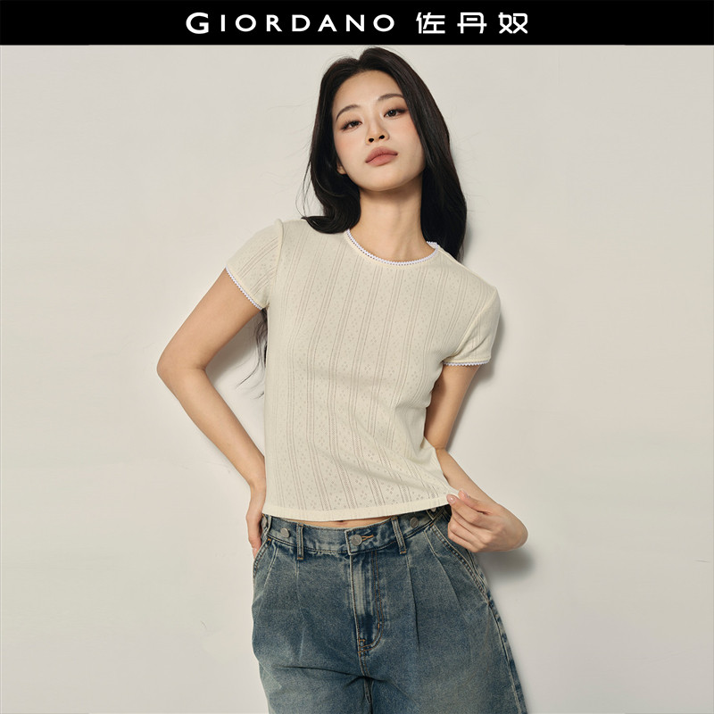 【韩国同款】佐丹奴纯棉镂空花边圆领修身短款短袖T恤女05326559