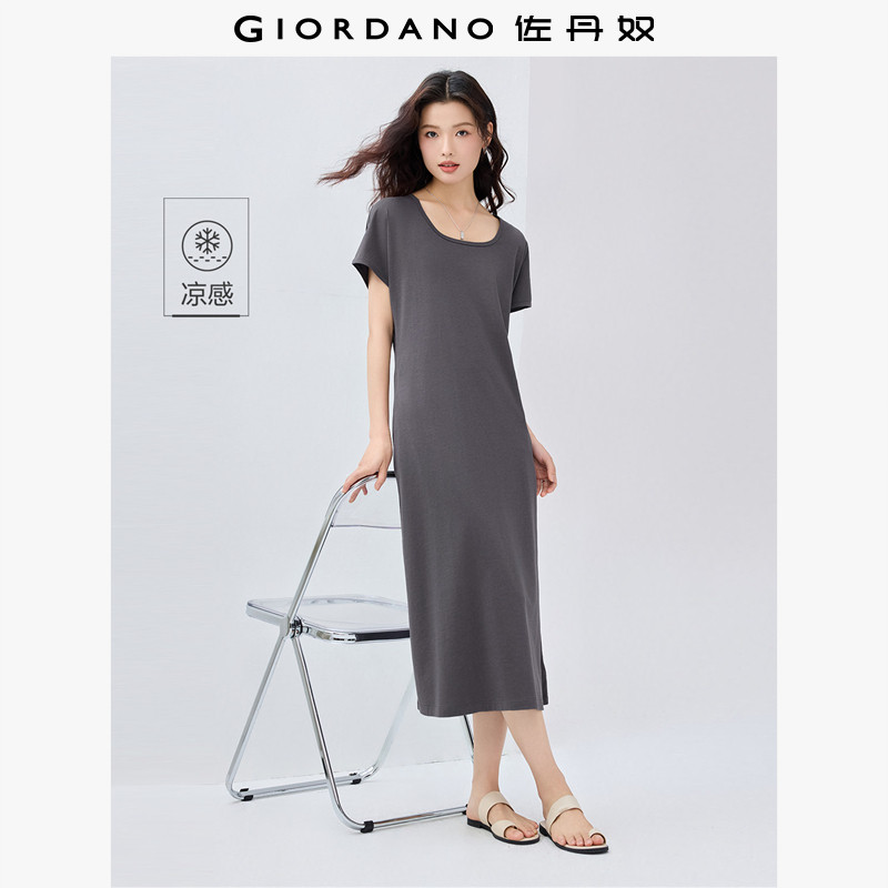 佐丹奴直筒长裙女黑科技凉感纯色简约方领连袖t恤连衣裙05465481