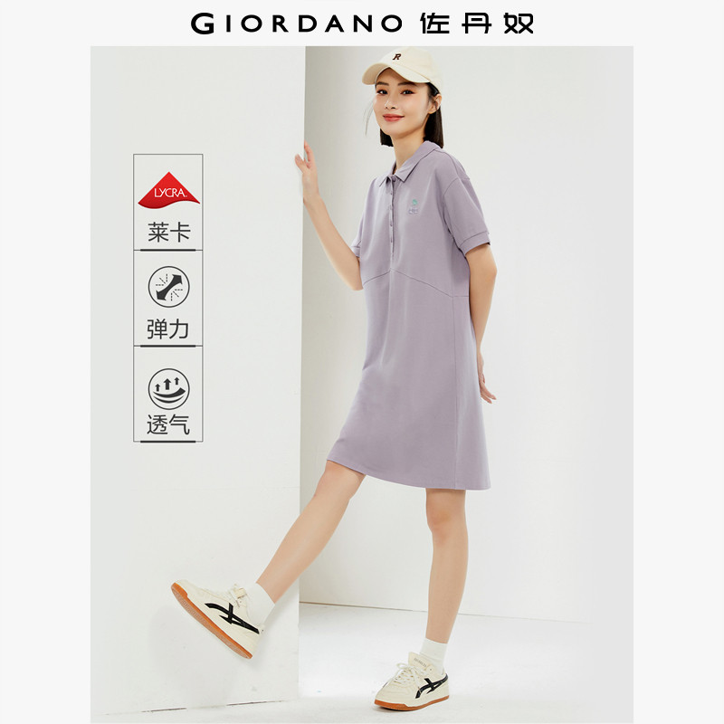 佐丹奴短袖polo裙女夏季花朵刺绣莱卡棉珠地翻领连衣裙女05465459
