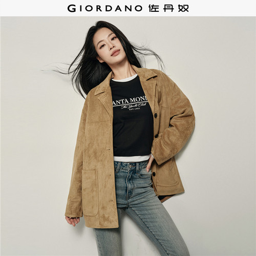 佐丹奴外套女装【韩国同款】平驳领中长款麂皮外套 05375896