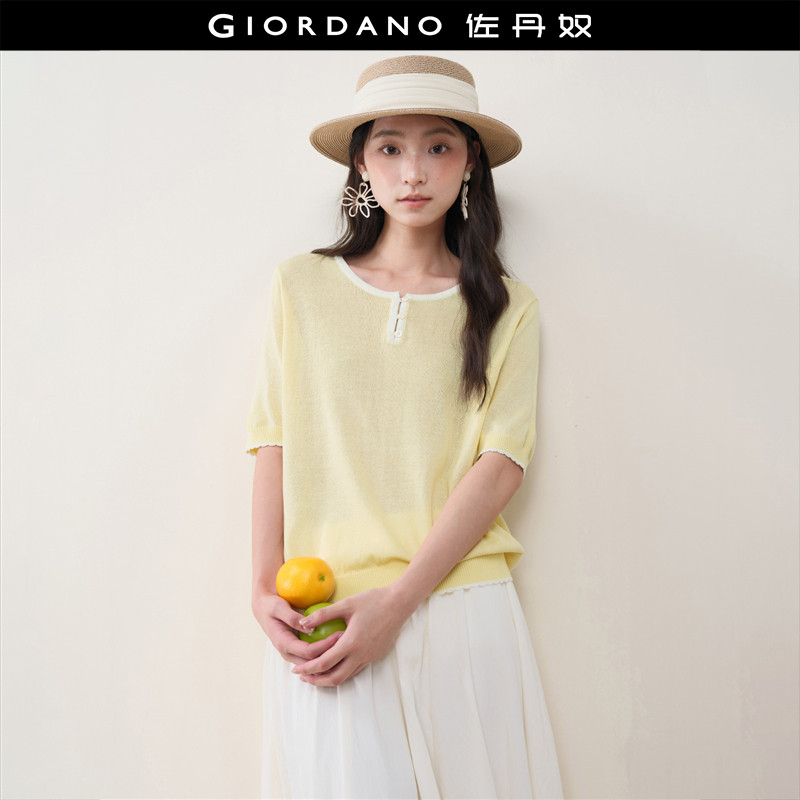 设计师款佐丹奴夏季新款鹅黄色拼色圆领花边短袖针织衫女18356305